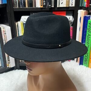 FREE PEOPLE WOMENS WYTHE FEDORA 100% WOOL BLACK HAT W/ LEATHER BAND